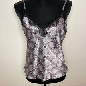 Victorias Secret Top Cami Plaid Satin Lace Slip Tank Y2K Gray Black Pink Small